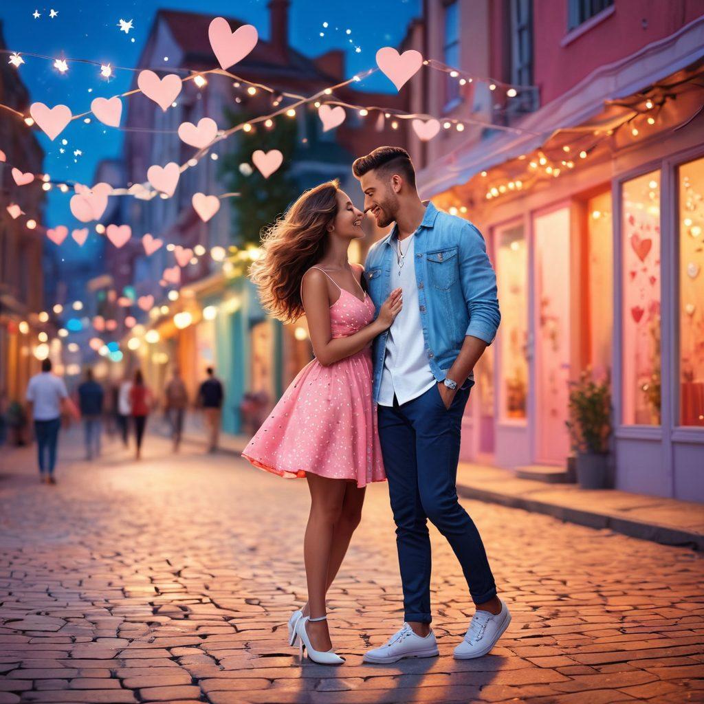 A stylish couple in a vibrant urban setting, showcasing a playful blend of trendy outfits that exude both charm and sensuality. The background features soft pastel colors with whimsical elements like hearts and stars, capturing a romantic essence. The couple is engaged in a playful interaction, emphasizing confidence and flirtatious energy. The overall scene is warm and inviting, radiating joy and romance. super-realistic. vibrant colors. 3D.