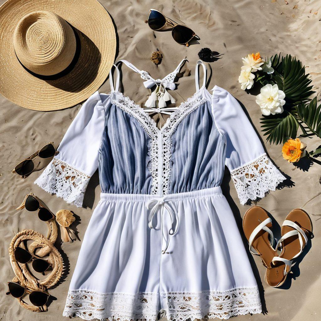 A beautifully styled flat lay of intimate apparel set against a sun-kissed beach scene, showcasing a variety of fabrics from lace to cotton. Include accessories like beach hats and elegant jewelry, transitioning to a cozy bedroom setup with soft lighting and plush bedding. Emphasize the versatility of the pieces for both casual beach days and romantic nights. super-realistic. vibrant colors. warm tones.